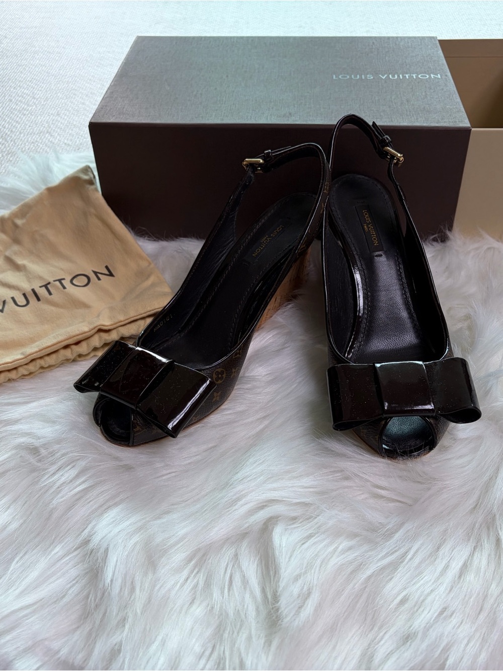 Louis Vuitton Black Patent Monogram Peep-Toe Bow Slingback Heels